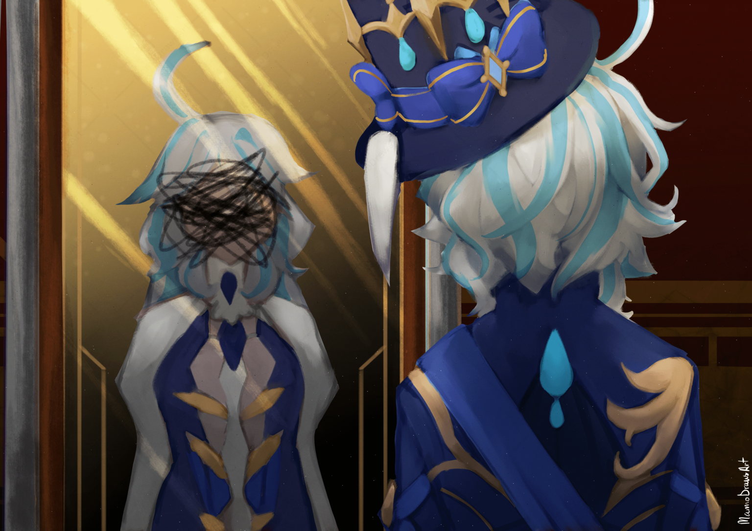 Twitter / X でフォンテーヌのストーリー クエストが別のゲームに似ていると言っていたのを見たので、それを描かなければなりませんでした (原神 X Library of Ruina)