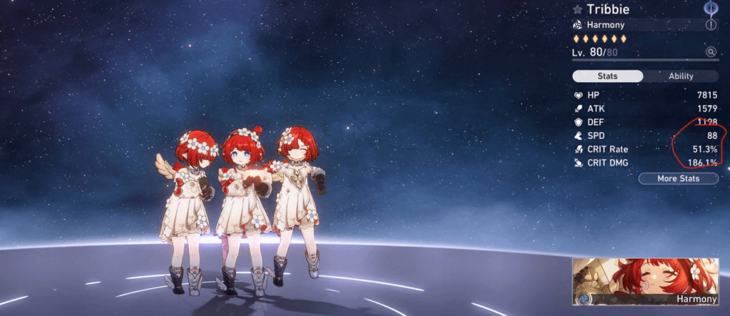 Galaxy Leak 経由の Tribbie キャラクター画面