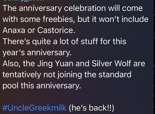 JingyuanとSilver WolfはAnfregreekmilkを介して標準プールに参加していません