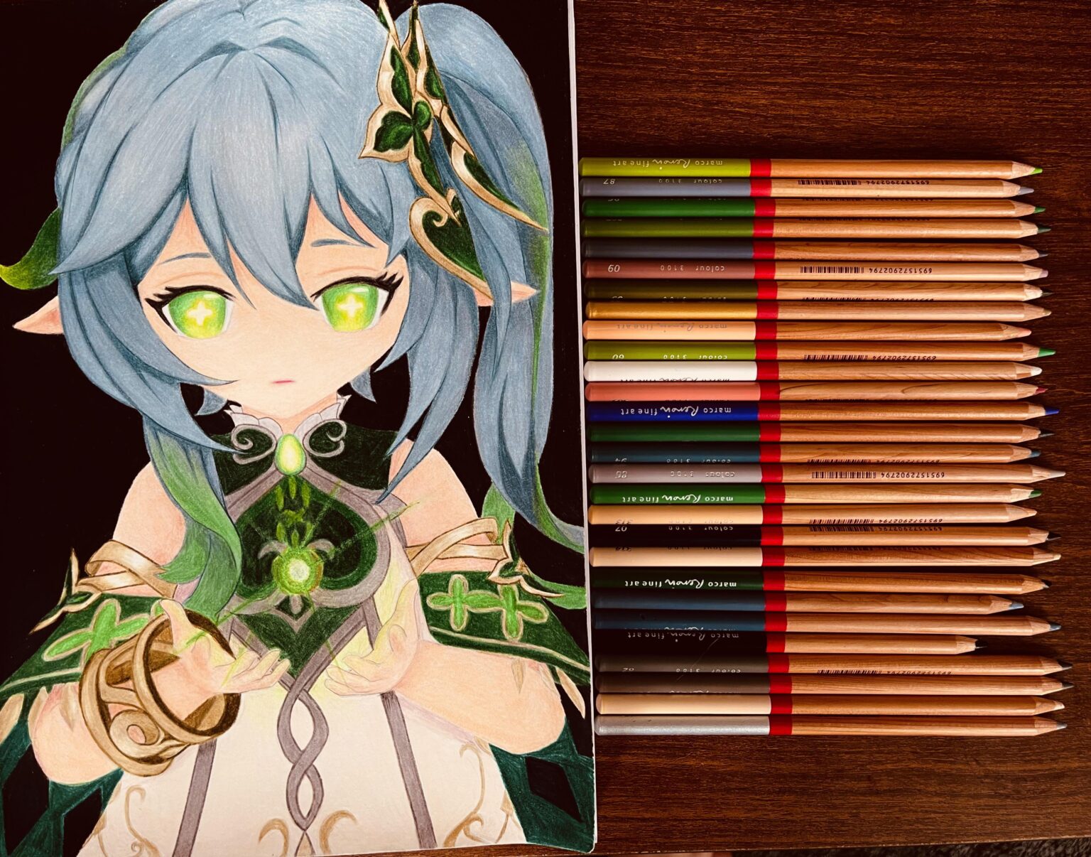 色の鉛筆を使ってナヒダを描いた！