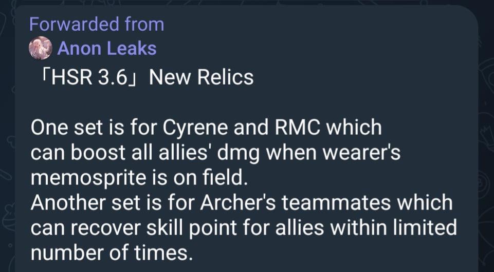 Anon Leaksを介して3.6の新しいRelicセット