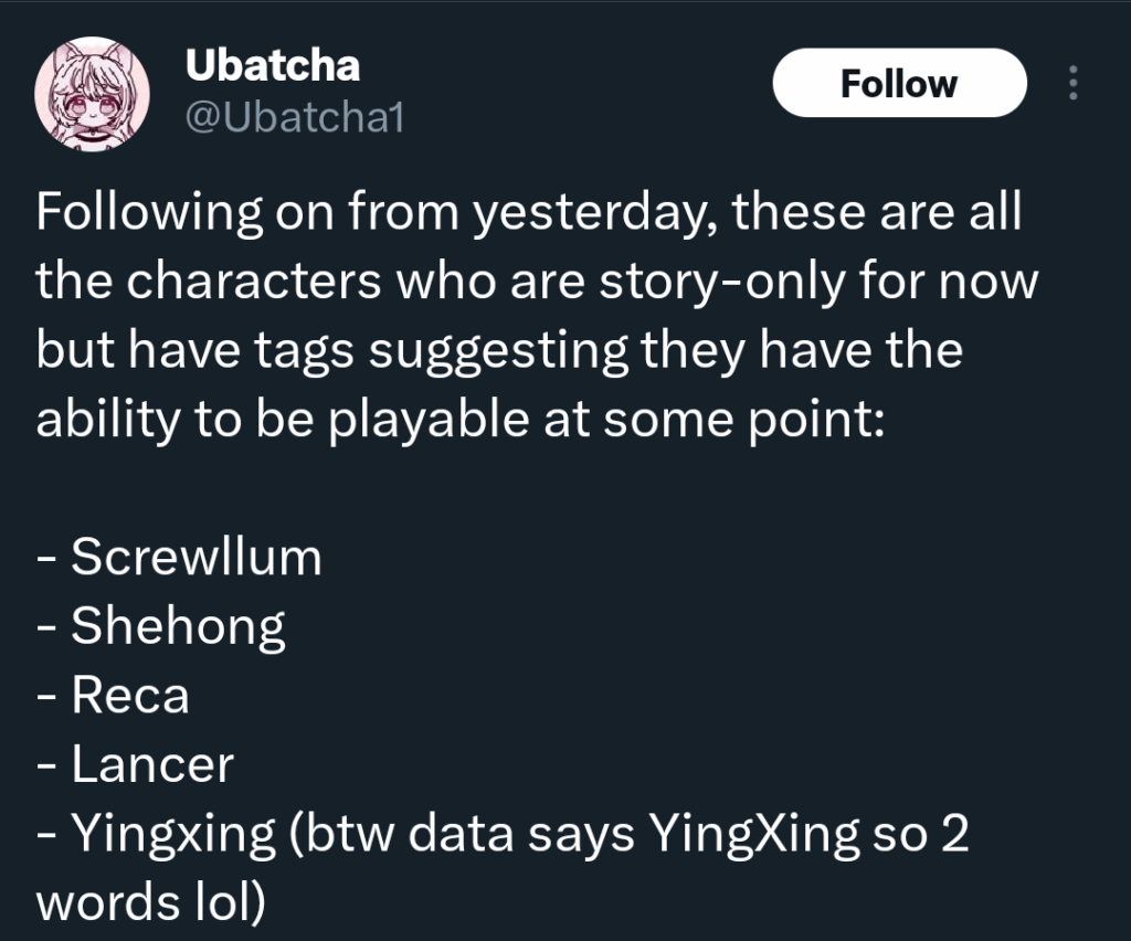 Ubatchaを介した現在のストーリーのみのキャラクターの潜在的に再生可能なキャラクターのリスト。