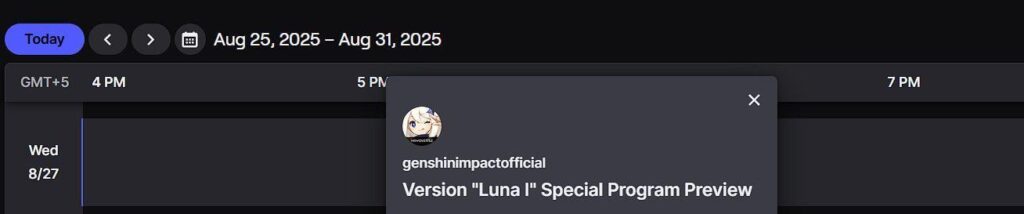 ライブストリームの期間と公式Twitchチャンネルのバージョン名。