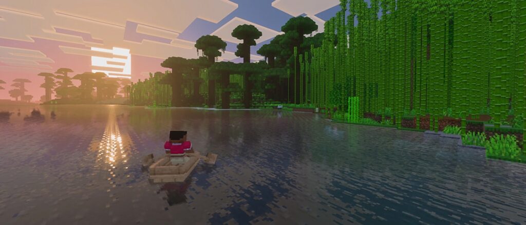A player in a boat, observing the beauty of the Overworld.