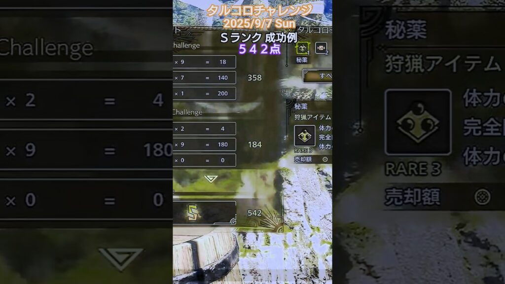 タルコロチャレンジ 2025/9/7 Ｓランク 成功例 542点