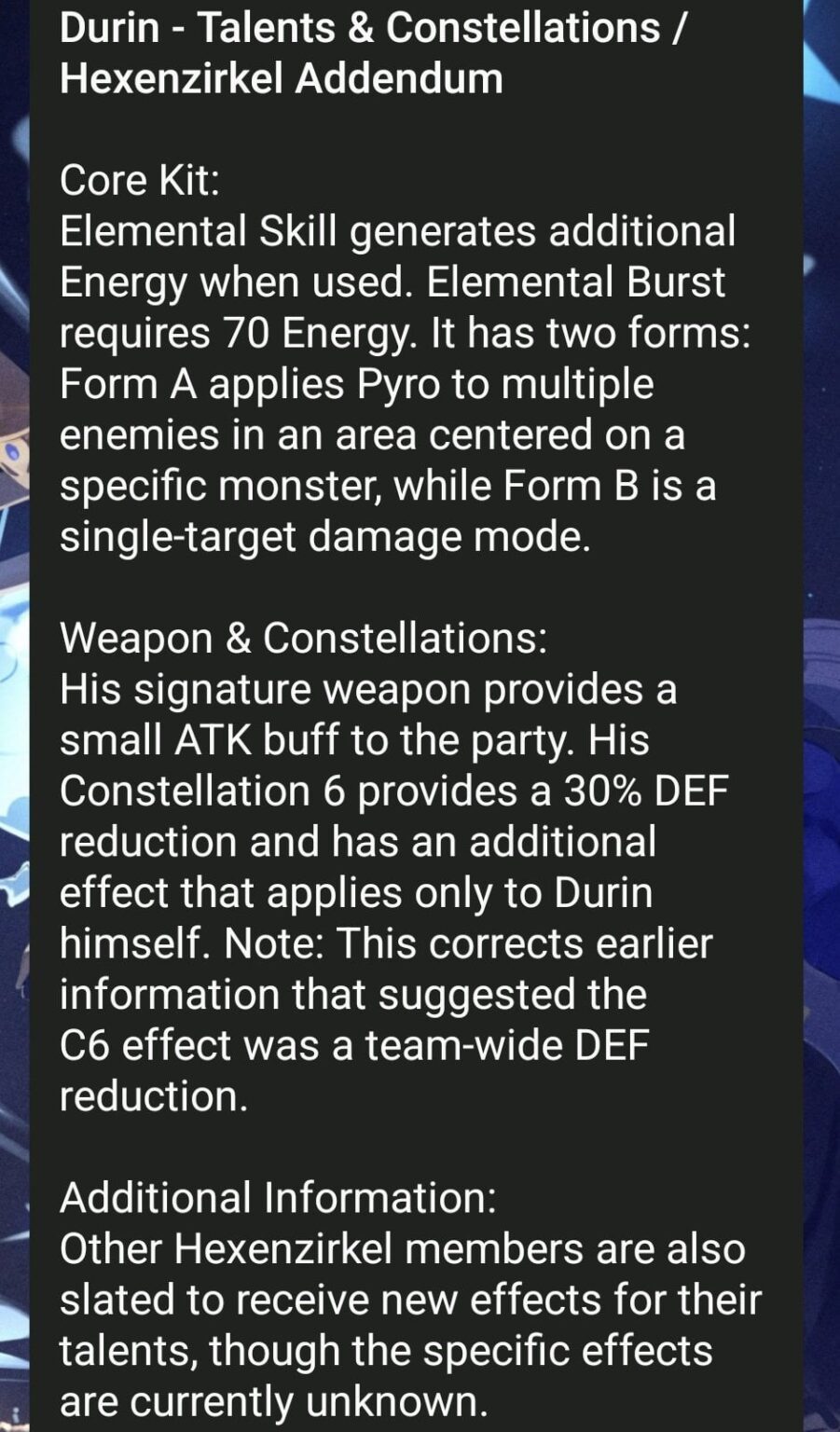 Durin のキット、才能、星座の詳細については Meng より