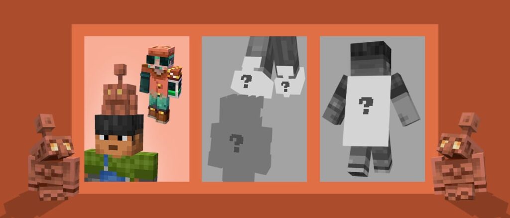 Copper Cape (銅のマント) のコミュニティチャレンジがスタート! – Minecraft Three Minecraft panels: left shows colorful characters with copper golems, middle and right show grayscale figures with question marks.