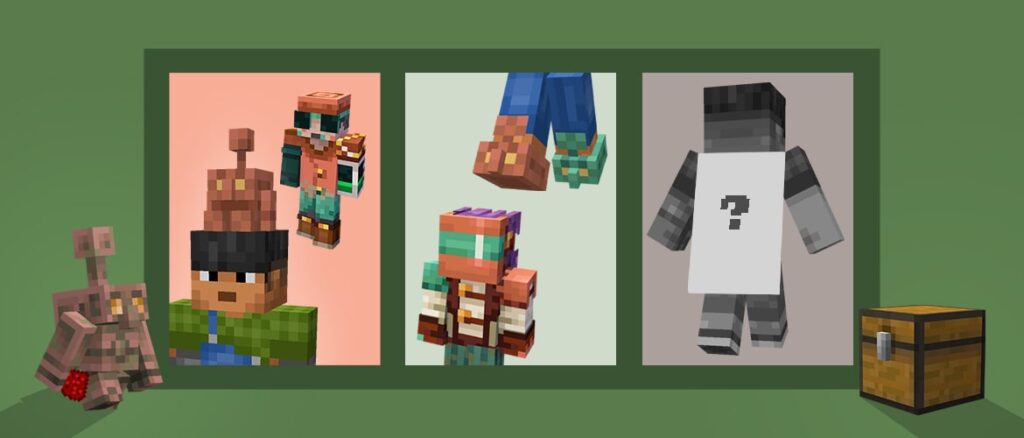 Three Minecraft-style character skins displayed in panels: two colorful armored figures and one gray figure with a question mark; a chest and a small copper golem on the sides