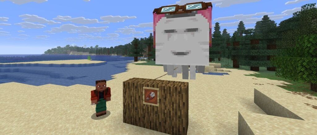 Noor and a leashed Happy Ghast standing next to a wooden structure with a framed pair of shears