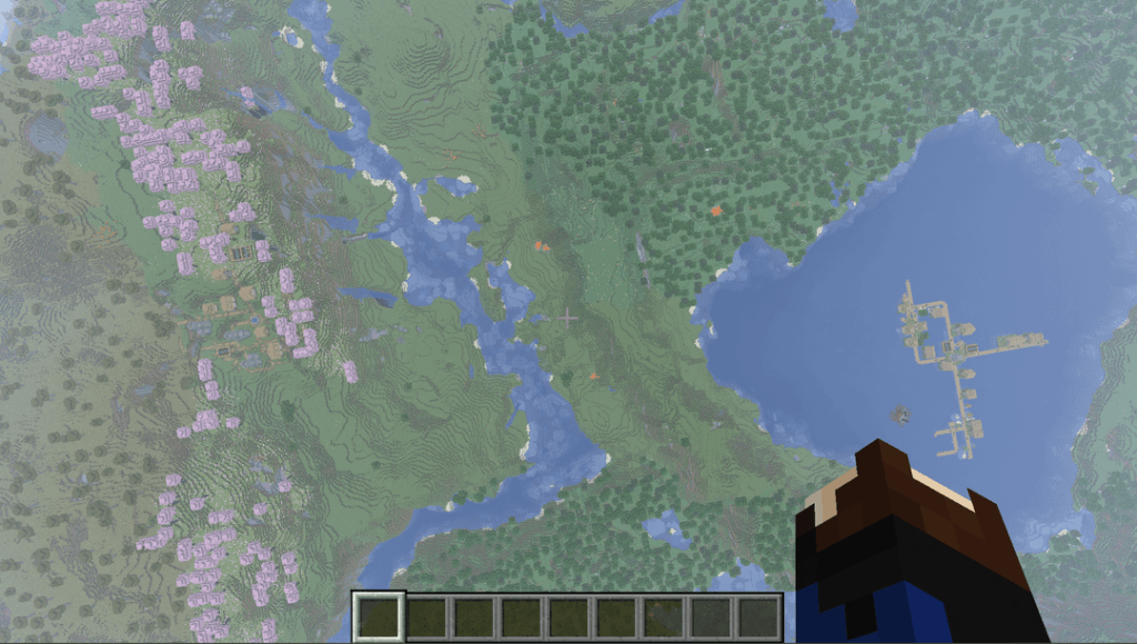 スポーン時の桜の村と湖の村、広大な淡い庭園