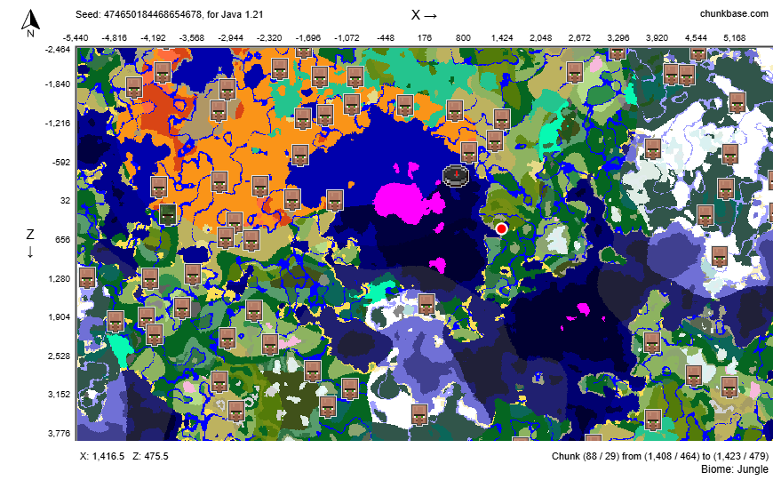 8 年間のプレイでこれまでに見つけた最もクレイジーなシード。中央にある幅 700 ブロックのキノコ島に囲まれた数千ブロックのスパムの中に 20 を超える異なるバイオームが含まれています。 25以上の村は言うまでもなく、