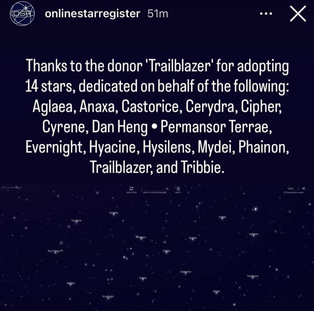 トレイルブレイザーというニックネームを持つ匿名の人物が、宇宙の 14 個の星に無限の形で名前を付ける権利を購入し、私たちが愛するキャラクターの名前を付けました