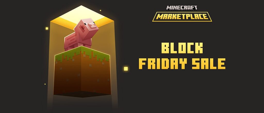 Minecraft Marketplace Block Friday Sale banner featuring a pink pig standing on a glowing grass block under a spotlight with bold yellow text on a dark background