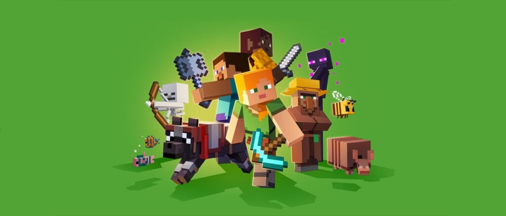 This image shows Alex, Steve and a whole host of Minecraft mobs against a green background