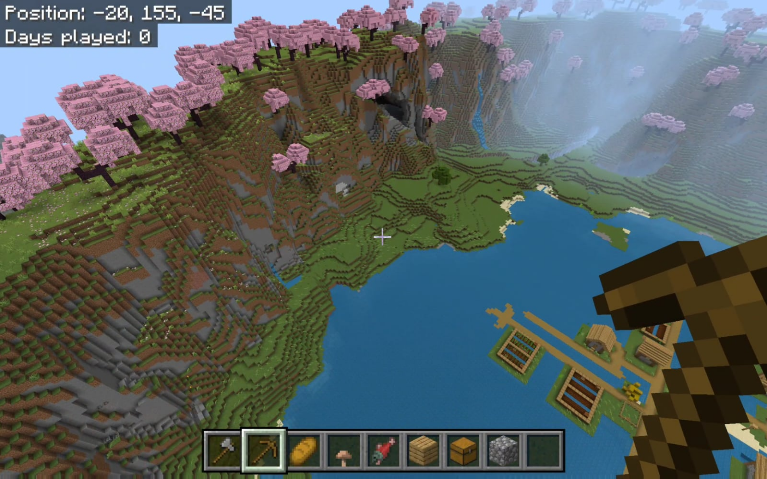 桜のバイオームに囲まれた深い湖(?)の真ん中にある村