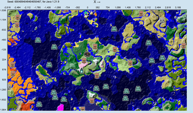 ほぼすべてのバイオームが近くにある大陸のシード。ペール ガーデンズと約 2500 ブロック南の山々からも素晴らしい景色と地形生成が楽しめます。