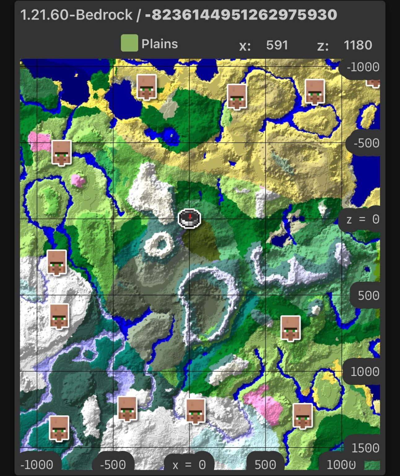 スポーンから 2,000 ブロック以内に 11 の村