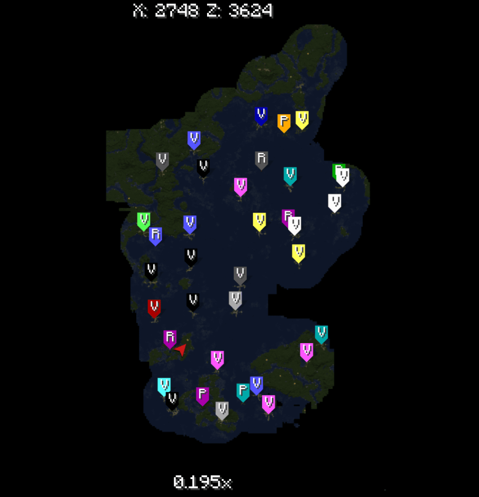 皆さん、このシードでは、近くの湖にある 29 の村を見つけました。 R = 廃墟のポータル、P = 略奪者の前哨基地、V は村です。種子のことはよくわかりません。 (Java 1.21.8)