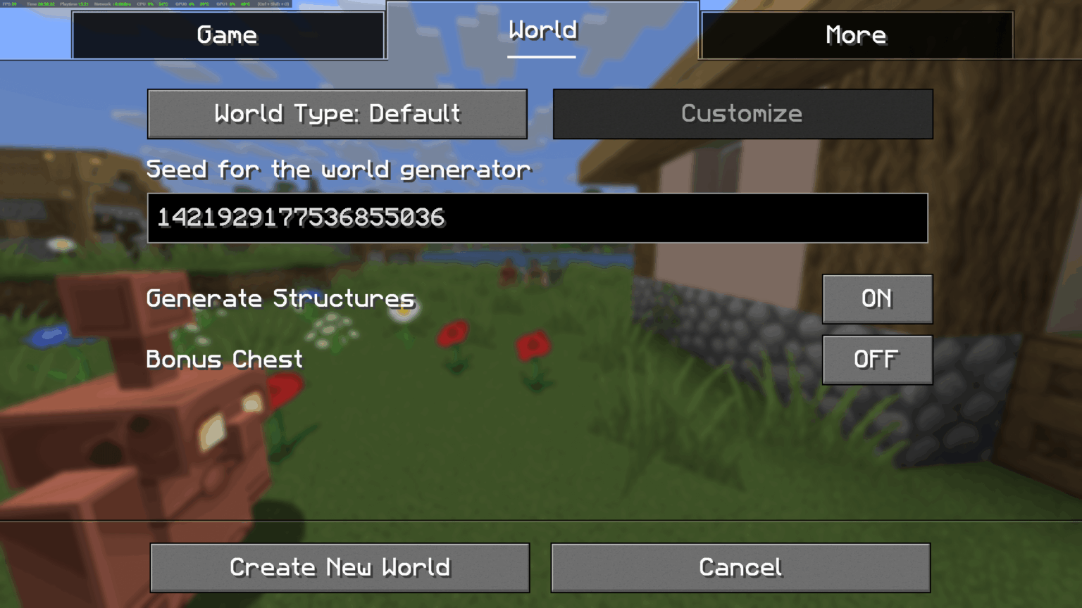 スポーン時のピリジャー前哨基地、および徒歩圏内に 2 つの村、近くに巨大な洞窟システムのある 1 つ