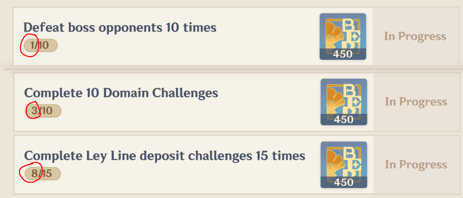 ヒント: 樹脂がない場合でも、これら 3 つの BP クエストを完了することができます。たとえ報酬を受け取っていなくても、左側のカウンターはカウントアップします。チャレンジして終了してもカウントされます