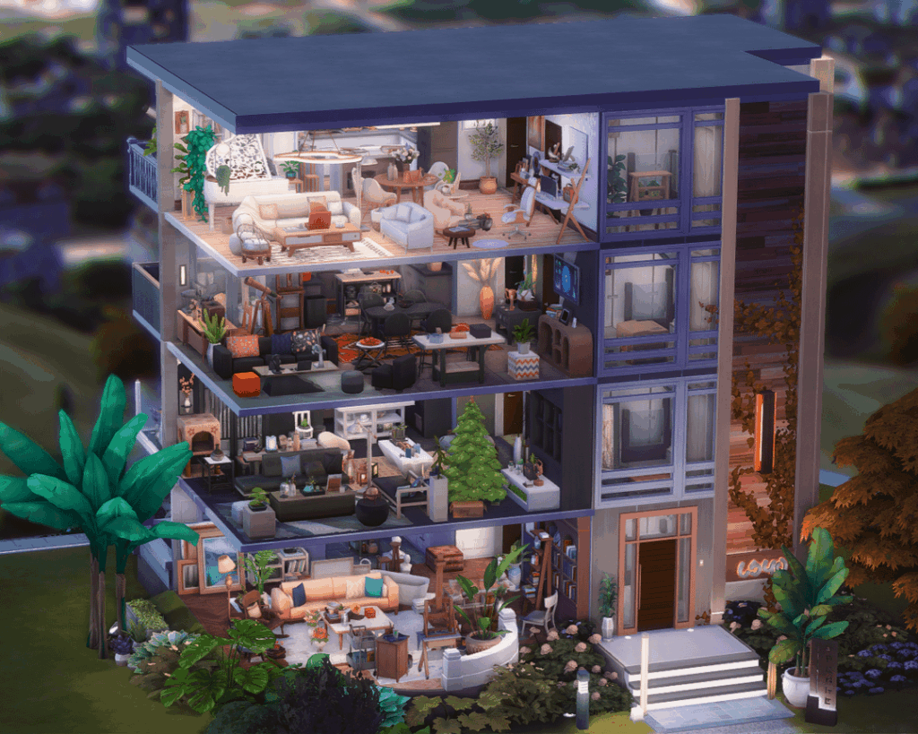 こんにちは、私はシムの愛と深い宇宙にインスピレーションを得てアパートを建てました。サイラスとメフィは地下にいる