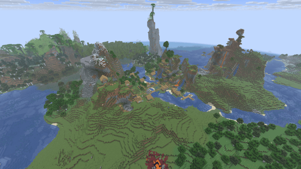 4つの村が近くにありスポーン+廃墟のポータル+難破船があるシード(-6082409390217431160)を発見