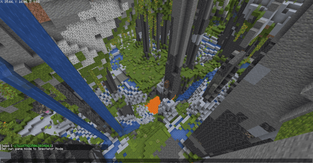 海とマングローブのバイオームに囲まれた砂漠の水の村（難破船とサンゴ礁がある）の隣、妥当な距離内に試験室と坑道がある巨大な緑豊かな洞窟（アホロートル!!!）の真上にスポーンします。 (Java 1.20.10)