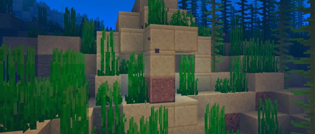 Underwater sandstone structure with a polished granite block, surrounded by tall green seagrass on a sandy seabed.