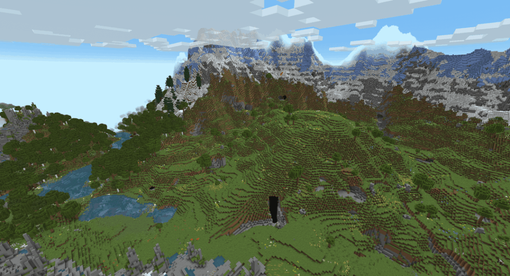 山脈、壁に囲まれた平原バイオーム、石だらけの海岸、海洋アクセスのある息を呑むようなシード (No Man's Land Mod を使用)