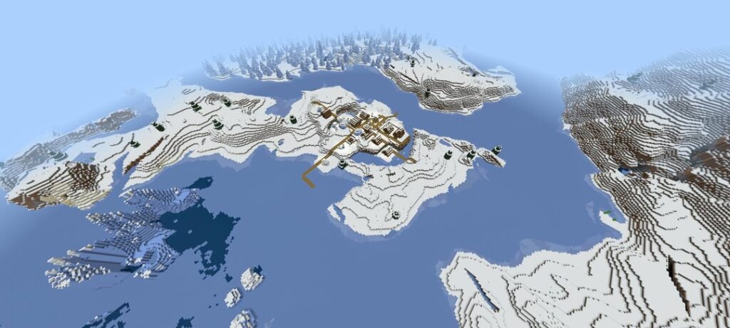 氷スパイクバイオームと凍った川と海近くの雪に覆われた村、近くに別の雪に覆われた村