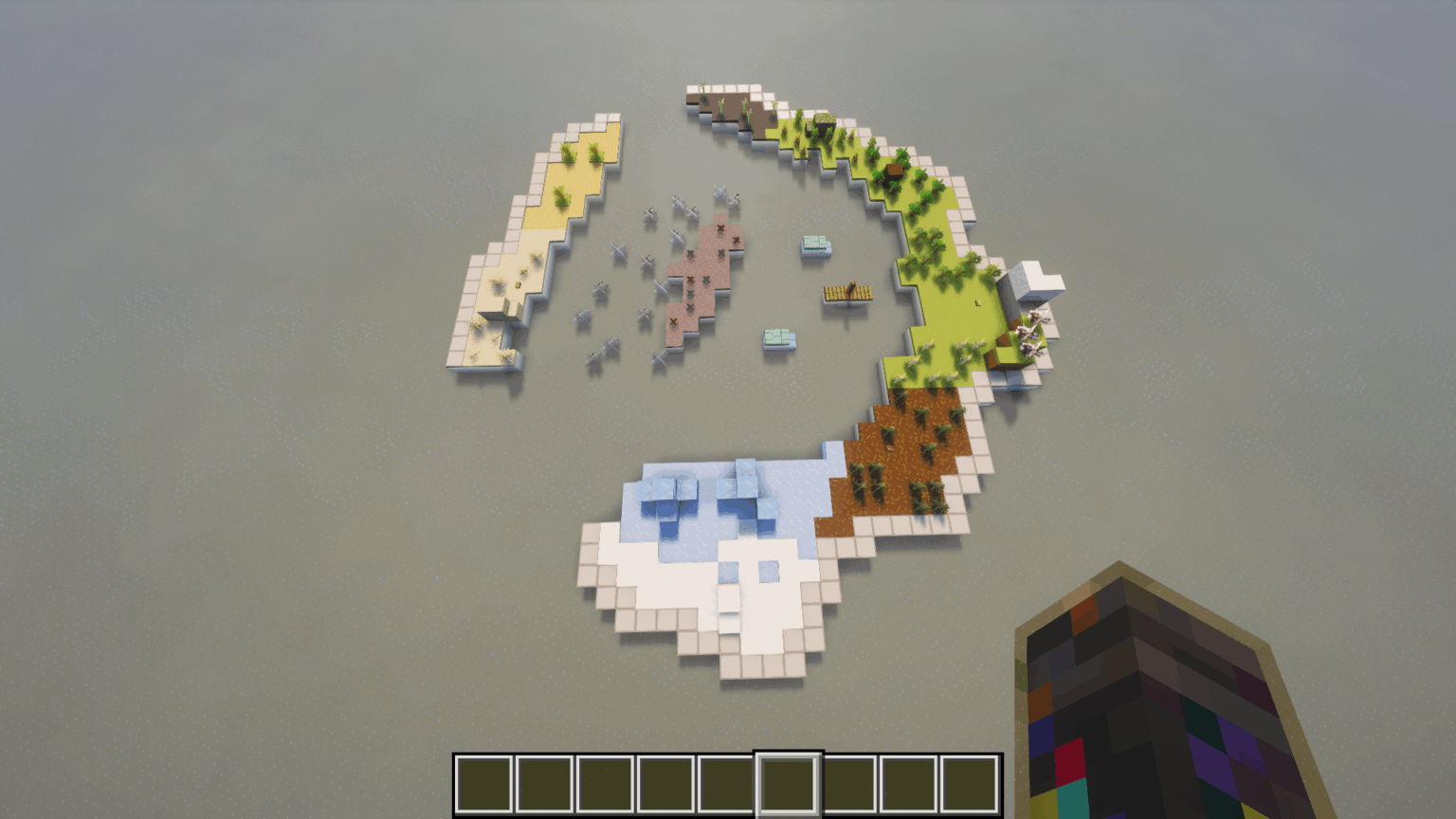 ボタンは村、ブロックと階段は寺院/記念碑、ダークオークの丸太は森の邸宅です。スポーンは山の近くの平原の村にいます。基本的には海とキノコバイオームを備えた計画バイオームですが、それ以外は単なる希望です。