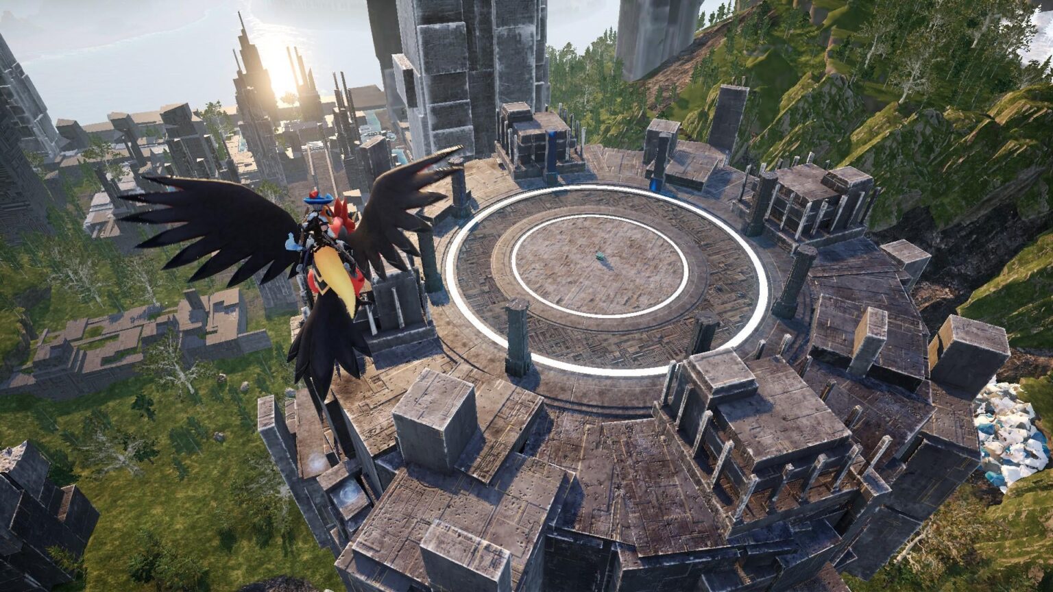 PSA - ユニークな拠点の場所を探しているなら、古代遺跡にあるこの塔が拠点にちょうどいいサイズです。ベースの境界は、構造物の上部に見える大きな白い円とほぼ同じサイズです。