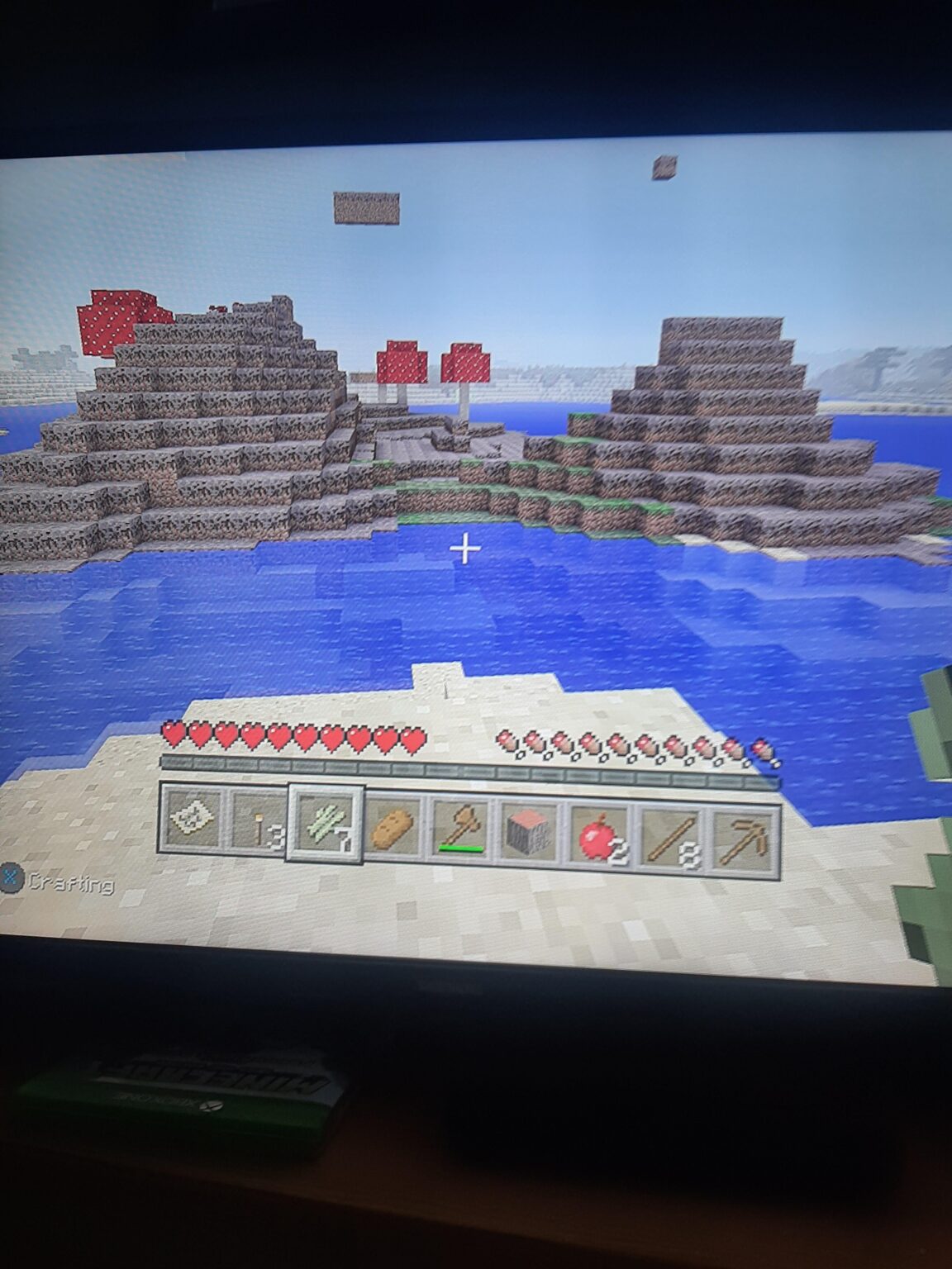 このムーシュルームの島は、スポーンのすぐ後ろの海岸から約 30 ブロック離れたところで見つけました