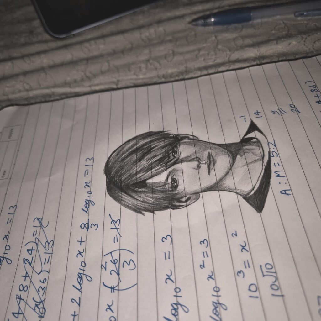 もう一つ。今回は数学のノートにケイレブを描きました。ふふふ。