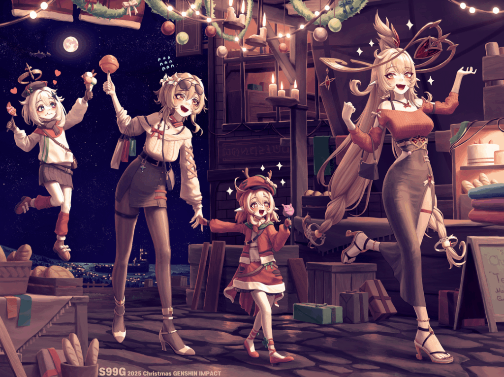 アリス、クレー、ルミネ、パイモンのファンアートを描きました！