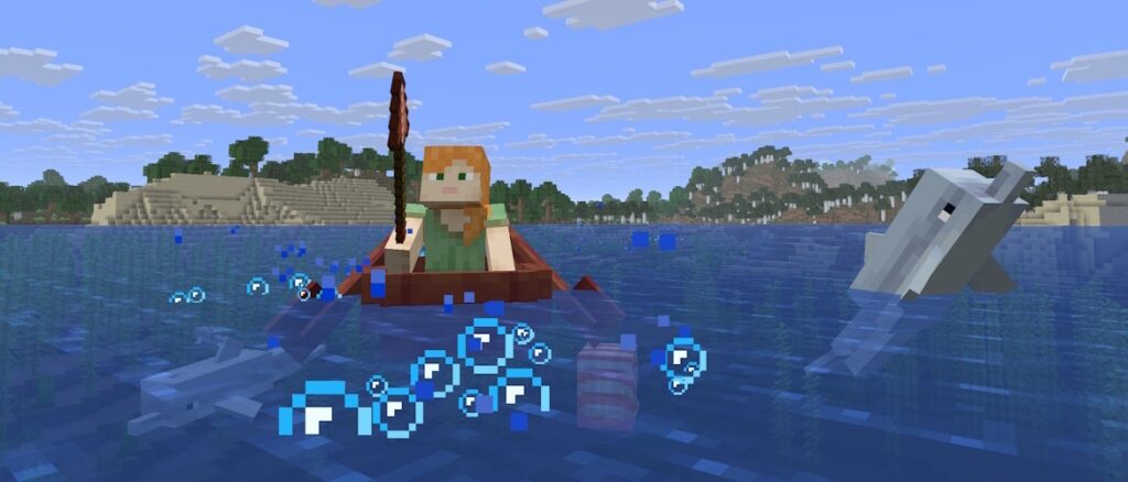 Alex is riding a mangrove boat across the ocean while holding a copper spear. Around the boat two dolphins are swimming together with a nautilus. One of the dolphins is about to jump out of the water.