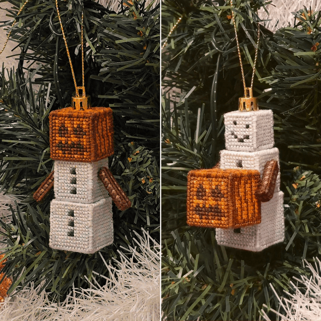 3Dスノーゴーレムのクリスマスオーナメントをクロスステッチしてみました！