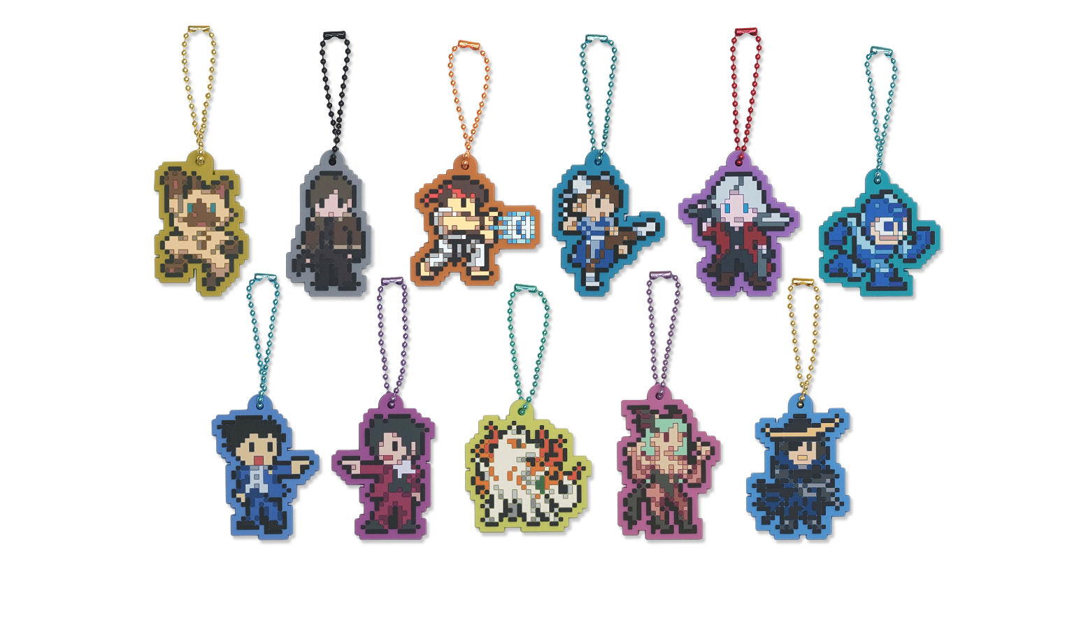 ラバーボールチェーン（全11種） 各770円（税込） ドット絵のキャラクターたちのラバー製キーホルダー。アイルー、レオン、リュウ、春麗、ダンテ、ロックマン、成歩堂、御剣、アマテラス、モリガン、伊達政宗の全11種。 （C）CAPCOM