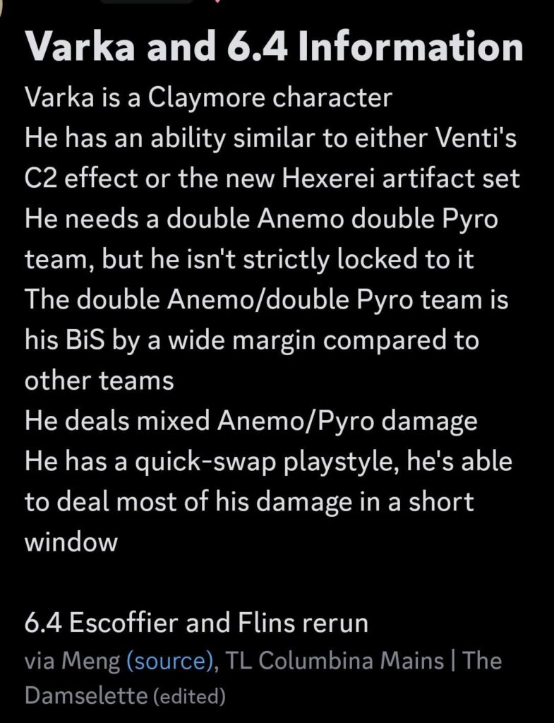 Varka のキットについては热博竞技不看TL経由、Columbina mains DCがコンパイル