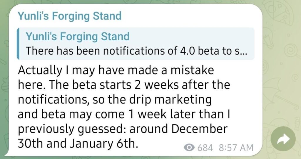 4.0 ドリップ マーケティングとベータ版の開始日 [Possible Correction] (HomDGCat経由)