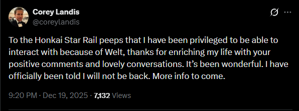 ウェルトの声優コーリー・ランディス氏が役職から外され、公式声明が発表される予定