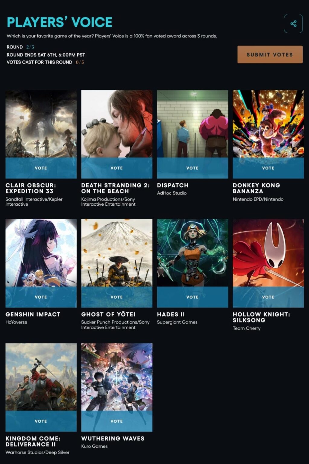 Wuwa は The Game Awards 2025 の Players' Voice のラウンド 2 に進出しました