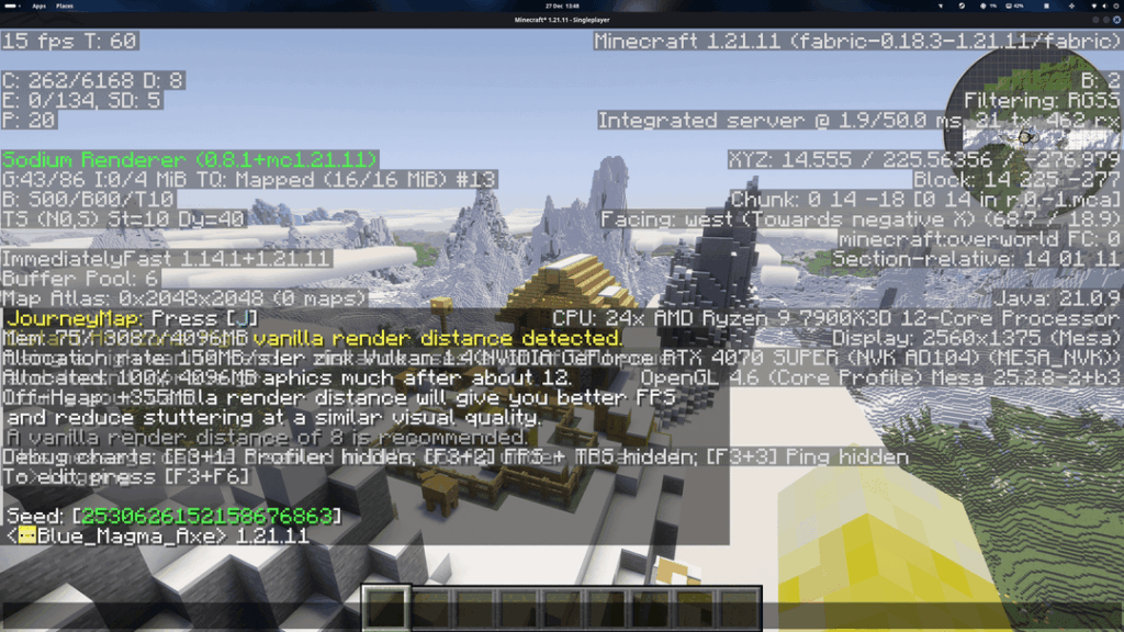 スポーン近くの涼しい山脈 (Java 1.21.11 と Java 1.21.4、そしておそらく他のバージョンも)。