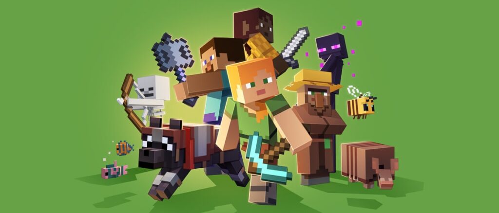 This image shows Alex and Steve with some of Minecraft's mobs!