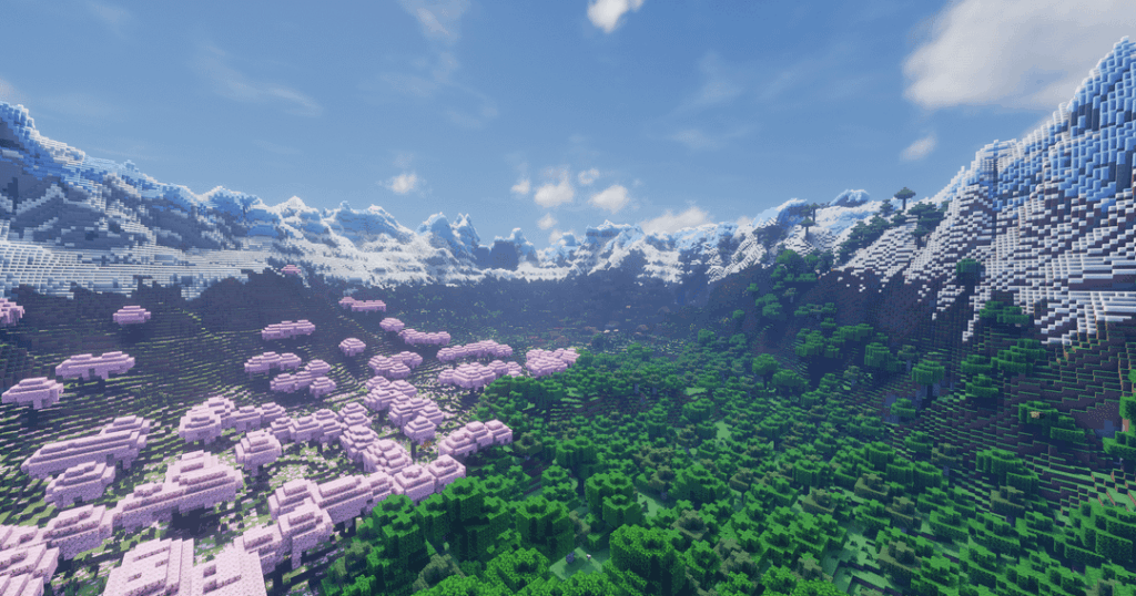 桜と、四方をそびえ立つ氷の山々に囲まれた渓谷の村: 6942710633571786