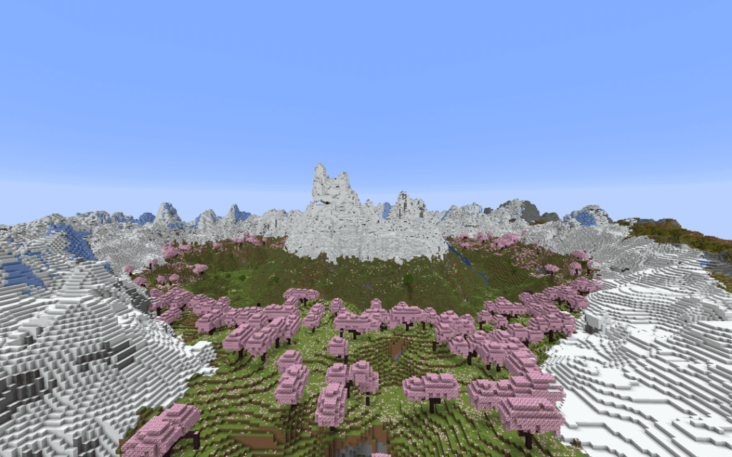 巨大な凍った/桜のクレーター内のギザギザの峰々