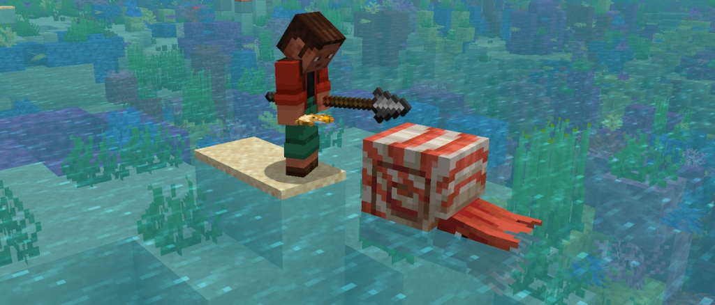 Minecraft 1.21.11 Pre-Release 4 | Minecraft Noor holding pufferfish and an iron spear, standing on sand in an ocean, facing a nautilus.