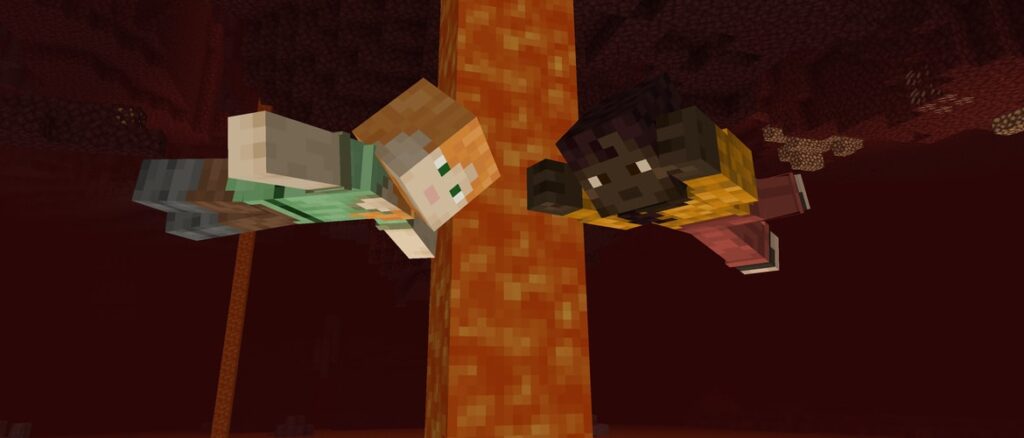 Alex and Makena mannequins are swimming in the air above Lava in The Nether.