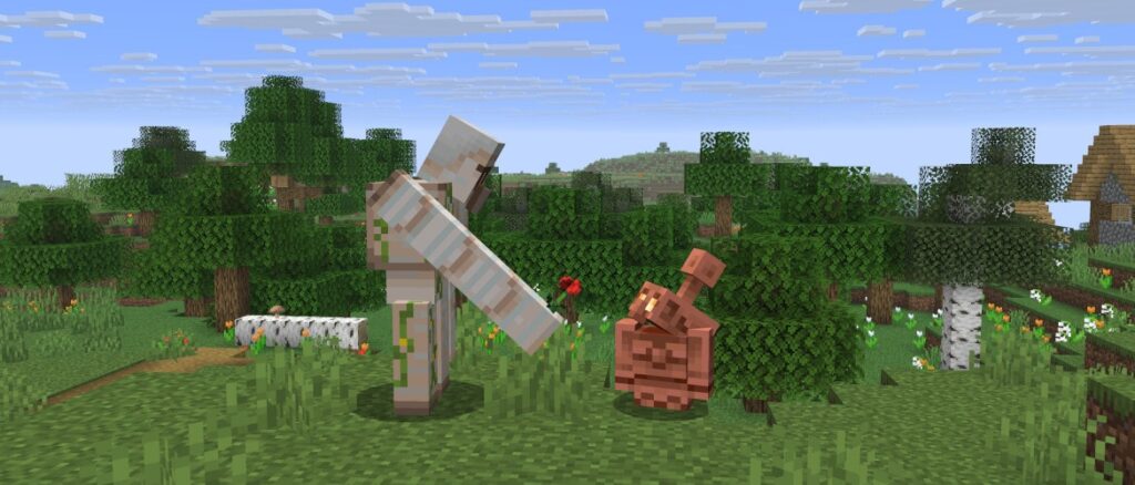 An Iron Golem is offering a Poppy to a Copper Golem which is looking up at it. They are standing in a village in front of a flower forest with a fallen birch tree.