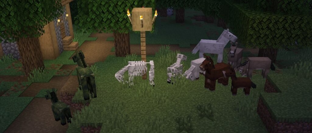 Minecraft 26.1 Snapshot 4 | Minecraft A group of equines and their baby versions hanging out in a village at dusk